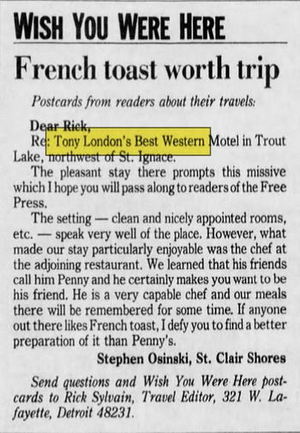 Castlewood Inn & Suites (Best Western Tony Londons, Tony Londons Roadhouse) - Jul 1988 Review From Det Free Press Reader